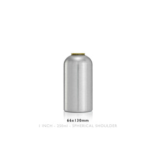 ALUMINIUM BOTTLE 66x130mm 1 INCH - 250ml - LIQUID - SPHERICAL SHOULDER SPRAY PUMP SP22 or 32 MSP- PROPELLANT-FREE ALUMINIUM CAP ACdb 13734 or ACS 13632